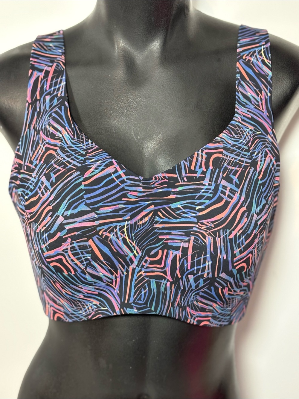 knix Wireless Sports Bra in Black with Blue & Pink Abstract Print